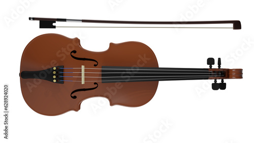 Classical musical instrument violin with bow isolated on white and transparent background. Music concept. 3D render
