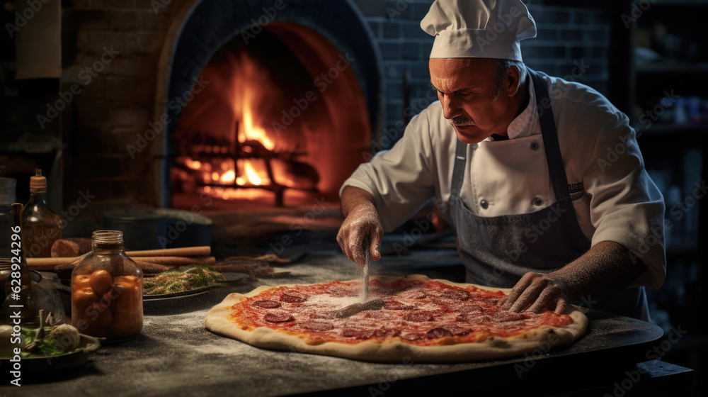 Chef cooks pizza in the oven. Chef cooks pizza in the oven.