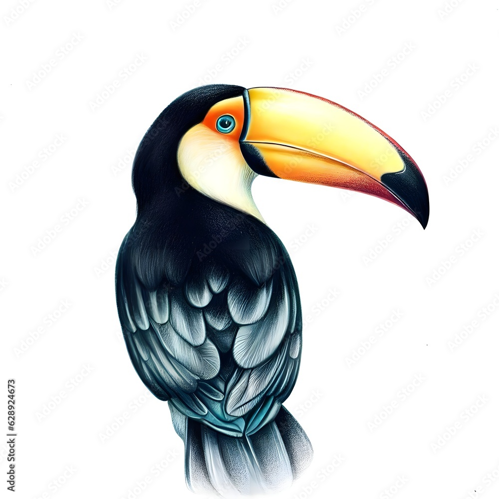 Obraz premium Portrait of a Toucan Realistic Digital Drawing isolated on a white backgorund Generative AI