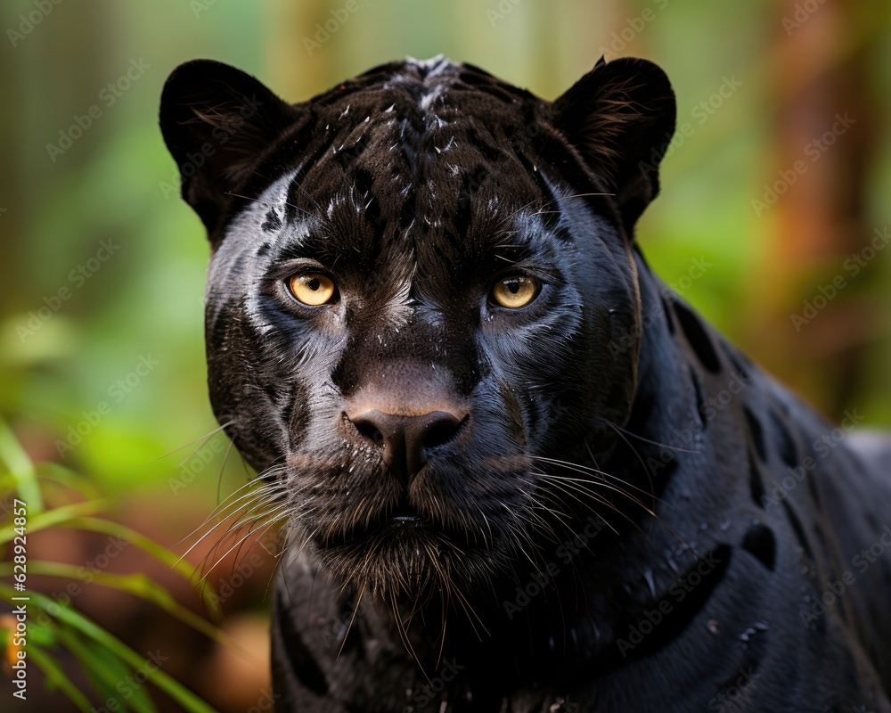 The black panther's face with a blurred background was captured. (Generative AI)