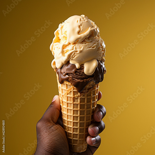 Ice cream scoop on waffle cone  Many assorted different flavour, AI Generated