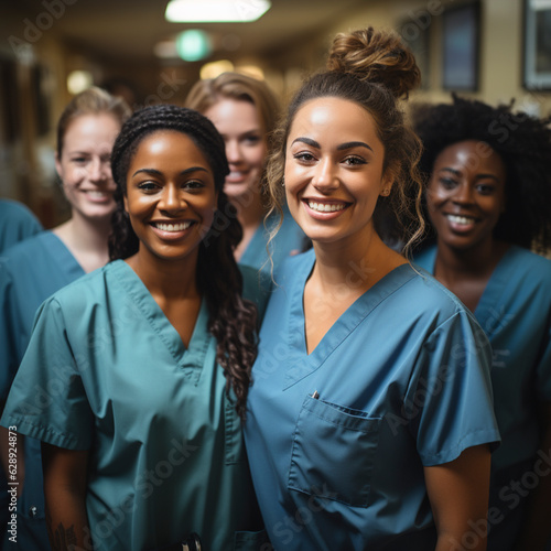 Portrait of a young nursing student standing with her team in hospital, dressed in scrubs, Ai generaated