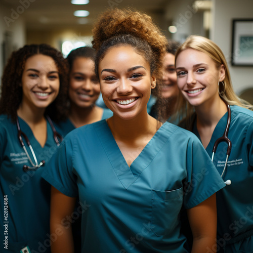 Portrait of a young nursing student standing with her team in hospital, dressed in scrubs, Ai generaated