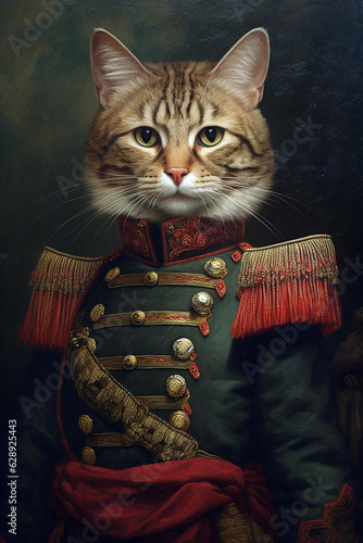 Simulation of a classic oil painting of a cat in military clothing in renaissance style