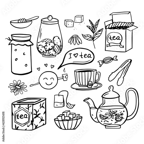 Cute set of tea theme elements in doodle style. Hand drawn. Vector illustration EPS10. Isolated on white background