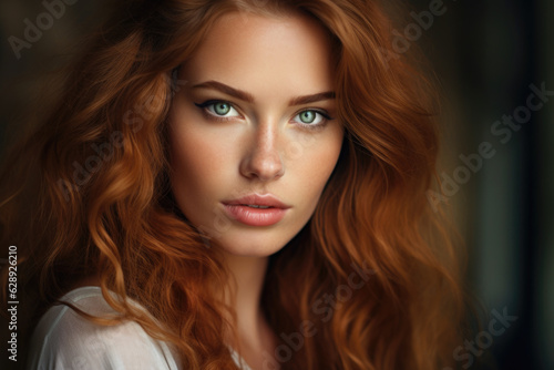 Woman with long red hair and white top, green eyes