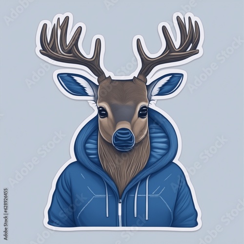 deer with navy hoodie, sticker cartoon on white background illustration