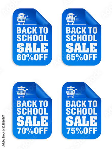 Back to school sale 60%, 65%, 70%, 75% off discount blue stickers set