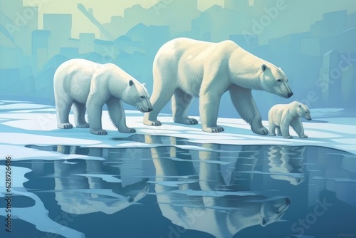 Polar Bear In Ice With Cubs Ice Sea