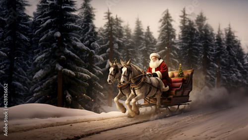 Weihnachtsmann mit Pferd und Kutsche aggressiv rasent schnell, ai generativ