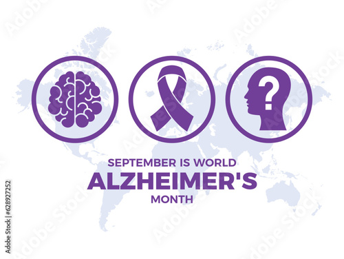September is World Alzheimer's Month vector illustration. Purple awareness ribbon, human brain and head silhouette icon vector. Person with Alzheimer's disease drawing. Mental health symbol