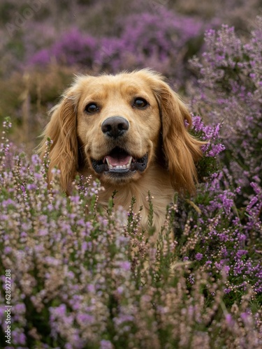 Vertical shot of an adorable english cocker spaniel in a field of lavender flowers