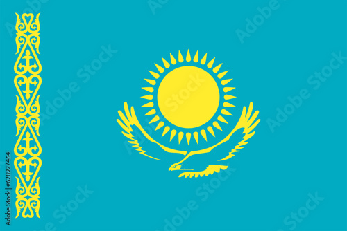 Flag of Kazakhstan. Kazakh blue flag with an ornament, the sun and a golden eagle. State symbol of the Republic of Kazakhstan.