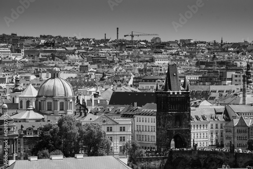 Aerial view of Prague cityscape with iconic architecture and rooftops