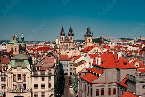 Aerial view of Prague cityscape with iconic architecture and rooftops