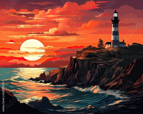 At sunset, a lighthouse overlooks the ocean from a cliff. (Generative AI)