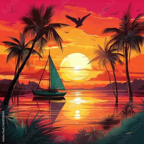 A palm-fringed tropical sunset reveals a boat and flying bird. (Generative AI)