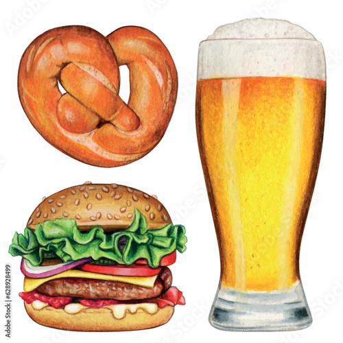 Watercolor hand drawn beer glass bretzel and hamburger