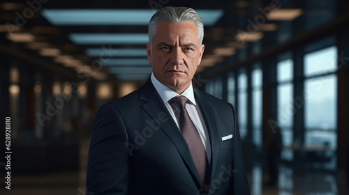 Serious and confident businessman stands in a suit against the backdrop of a modern office.