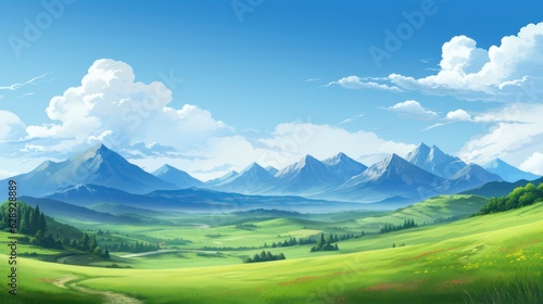 Panoramic green field landscape view. Blue mountains background and bright blue sky. 