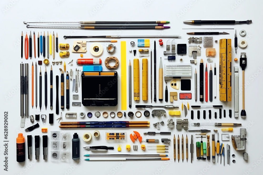 Collection of architect labor tools on a white background organized 3d illustration Collection of architect labor tools on a white background organized 3d illustration