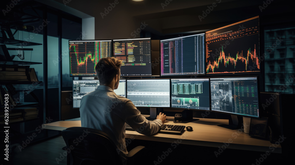 Stock Trader Man Using Multiple Monitors while working at night. Back view. Stock Trader Man Using Multiple Monitors while working at night. Back view.