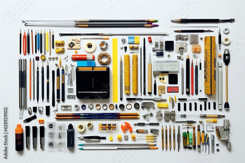 Collection of architect labor tools on a white background organized 3d illustration