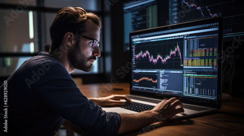 Stock Trader Man Using Multiple Monitors while working at night. Back view. © MP Studio