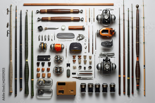 Collection of fishing equipment bait and rod on a white background illustration