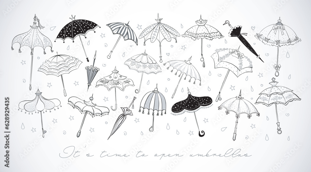 Collection of doodle vintage umbrellas on white background. Vector ...