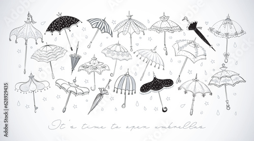 Collection of doodle vintage umbrellas on white background. Vector sketch illustration. Cute doodle coloring page.
