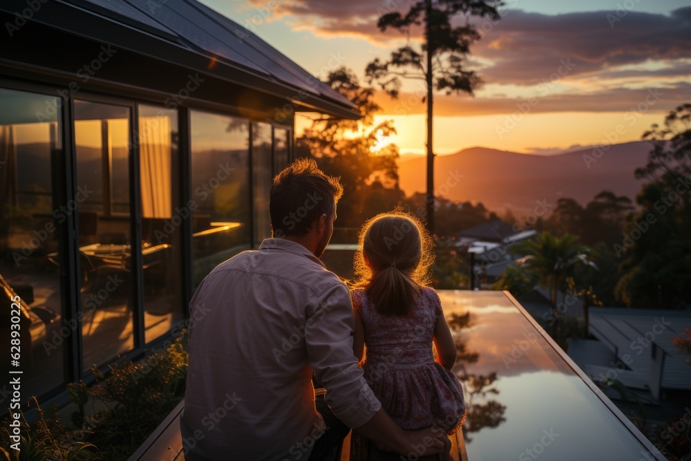 A father who holds his little daughter in his arms and shows at their home where solar panels are installed. alternative energy saving resources and the concept of sustainable living