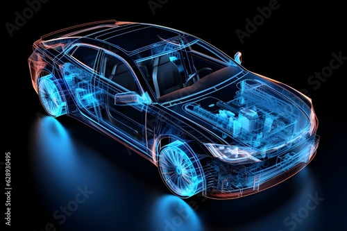 Glossy red and blue 3d rendered xray transparent Engine car. Blue wireframe sedan car isolated on blue background.  blue wireframe blueprints car with perfect highlights and shadows.