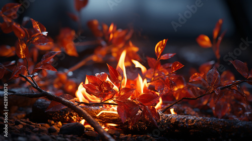 burning orange leaves in autumn park, close up.generative ai