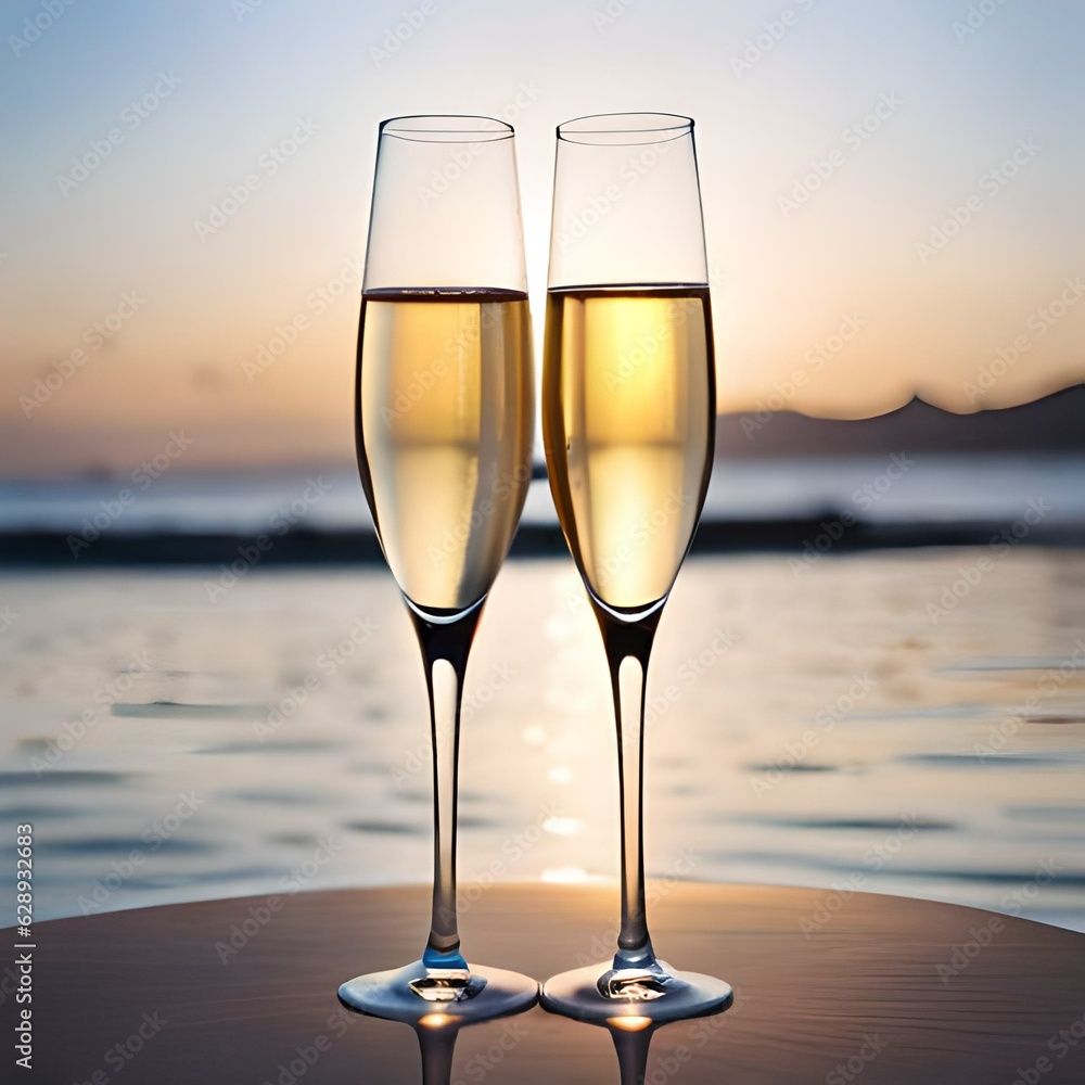 Two glasses of champagne at water view during sunset, romantic ambie, couple, generative AI