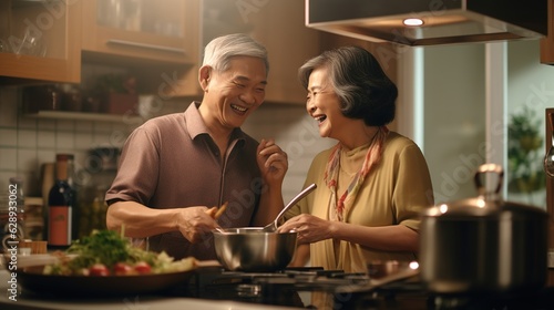 A Relationships and Activities of Romantic Elders Senior Asian man and woman Couple Enjoying healthy Cooking in the kitchen. Love, warmth. Generated with AI.
