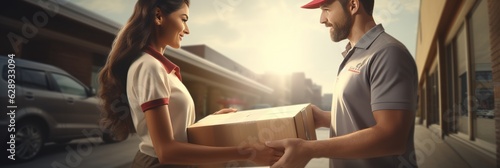 A Close-up Courier handing cardboard Boxes to Customer in front of customer's House, Delivery concept blowing Generated with AI.