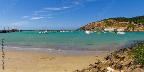 sheltered bay with harbour entrance and several small boats and ships, Oamaru, New Zealand