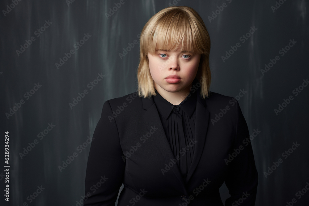 Portrait of a young student girl with Down syndrome in elegant suit on a professional backdrop in a photo studio. Generated Ai Portrait of a young student girl with Down syndrome in elegant suit on a professional backdrop in a photo studio. Generated Ai
