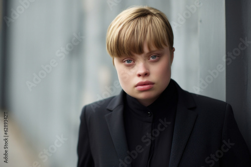 Portrait of a young student girl with Down syndrome in elegant suit on a professional backdrop in a photo studio. Generated Ai