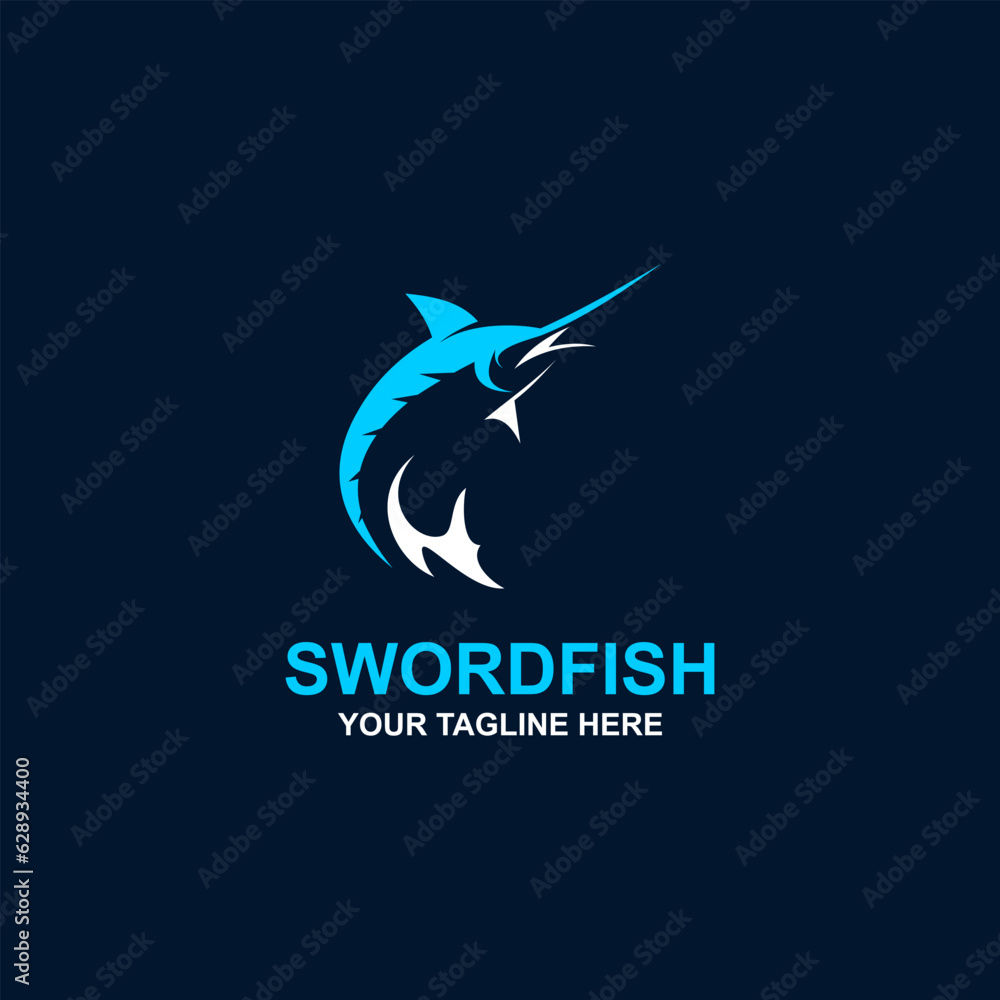 Swordfish Logo isolated on dark blue background. Design swordfish for logo, Simple and clean