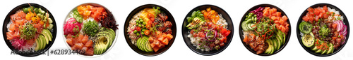 Delicious Hawaii poke bowl with salmon, avocado and vegetables tomato, cucumber, radish, carrot salad top view isolated on transparent