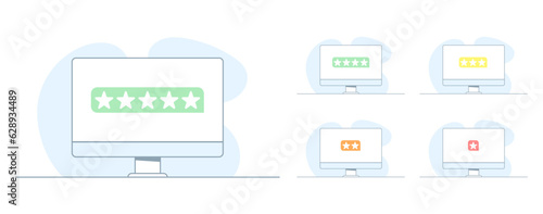 Set of desktop with different rating. Five Feedback illustrations