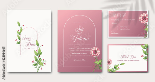 elegant wedding invitation set template with pink background with flower watercolor premium vector 