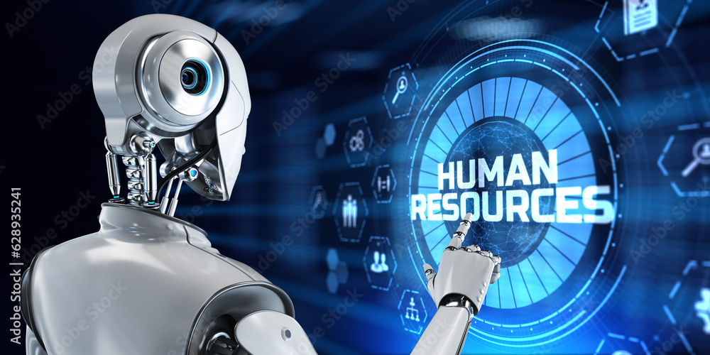 Fototapeta premium HR Human resources automation RPA. Robot pressing button on screen 3d render.