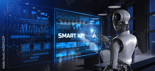 Smart KPI Key performance indicator. Robot pressing button on screen 3d render.