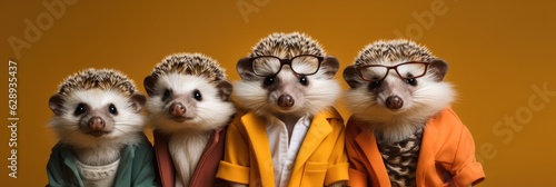 Group of hedgehog in vibrant bright fashionable on orange background, Creative animal concept.