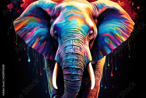 Portrait of elephant with lines rainbow ultra neon artistic.