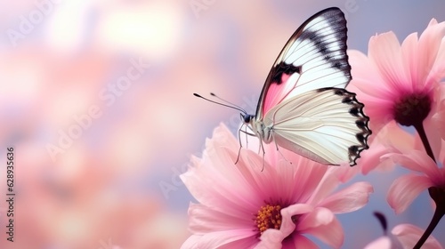 Delicately pink floral with a white butterfly on flower in soft daylight. © visoot