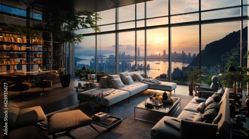 Modern living room overlooking hong kong in a luxury penthouse with floor to ceiling windows. © visoot
